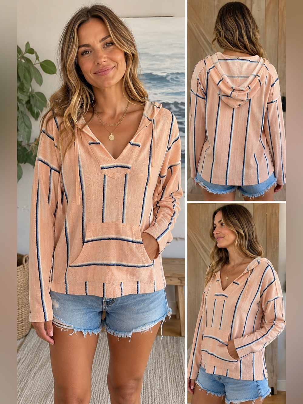 Natural Reflections Peach and Blue Striped Baja pullover hoodie Size medium